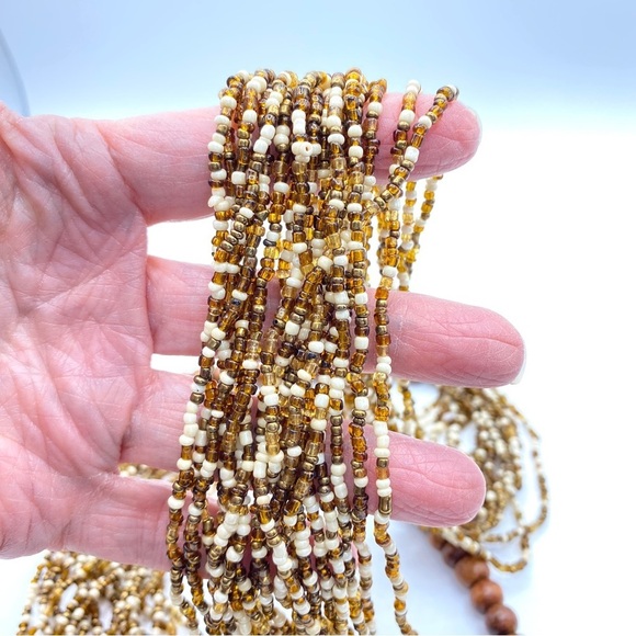 Boho Multi-Strand Brown Cream Seed Beads Long Necklace Artisan Made - Picture 7 of 8